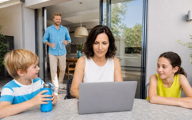 Familie im Garten am Laptop