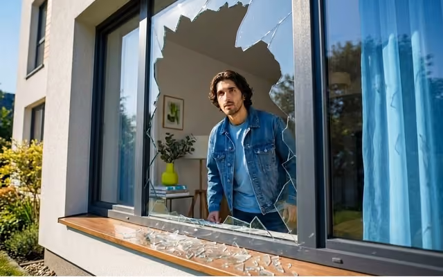 Mann steht vor zerbrochenem Fenster.