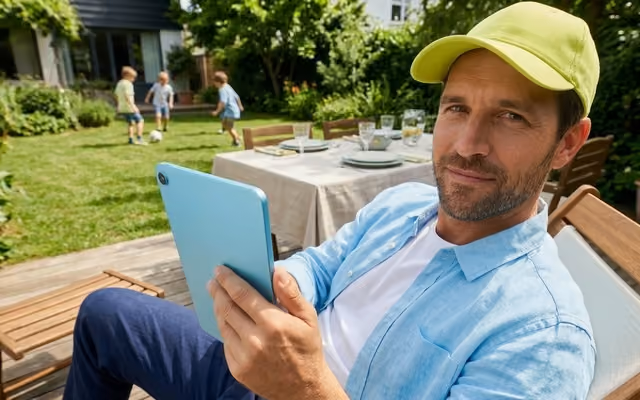 Mann im Garten am Tablet