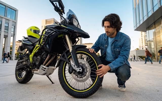 Mann misst den Reifendruck seines Motorrads