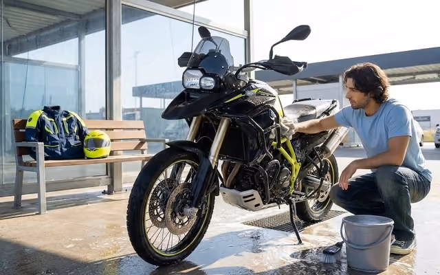 Mann wäscht sein Motorrad
