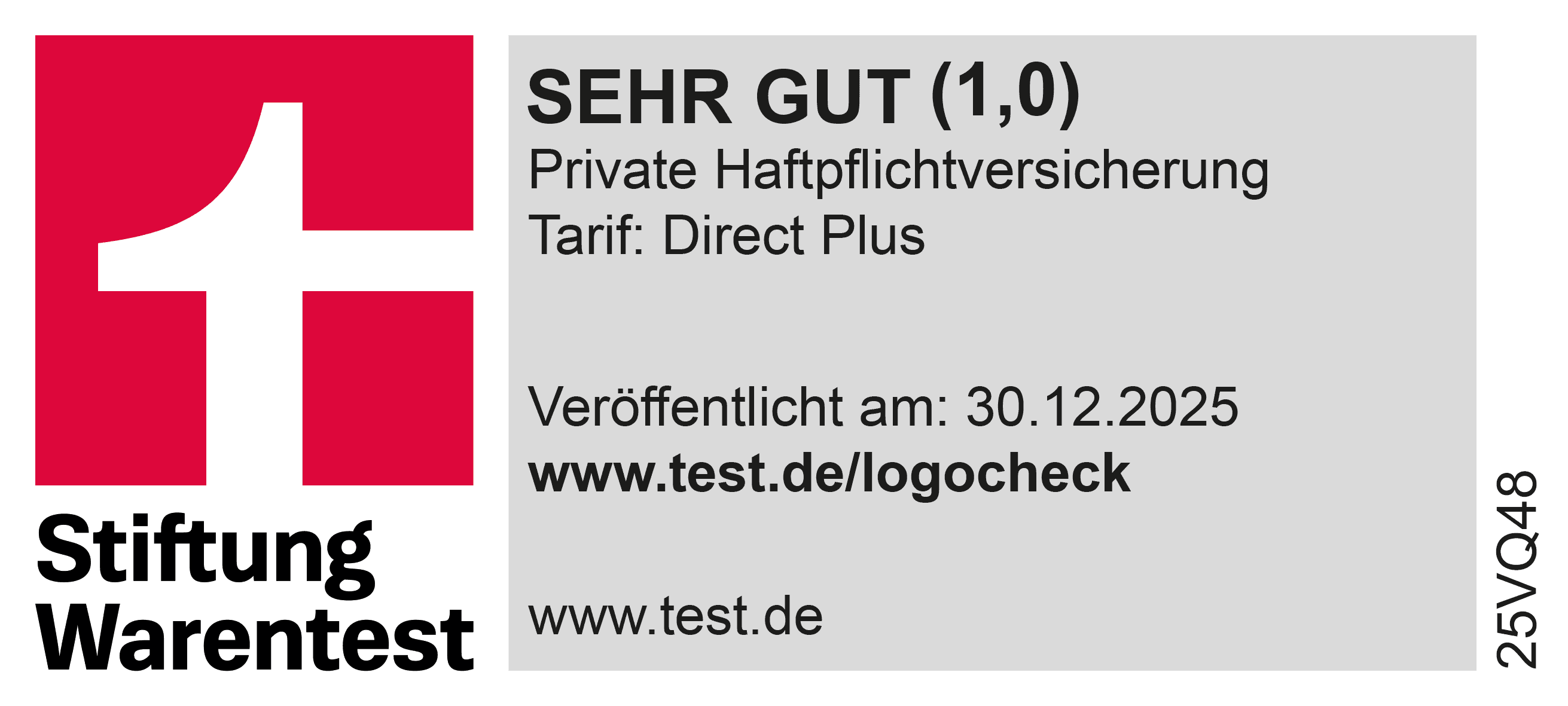 Stiftung Warentest SEHR GUT (1,0)  private Haftpflichtversicherung Direct Plus