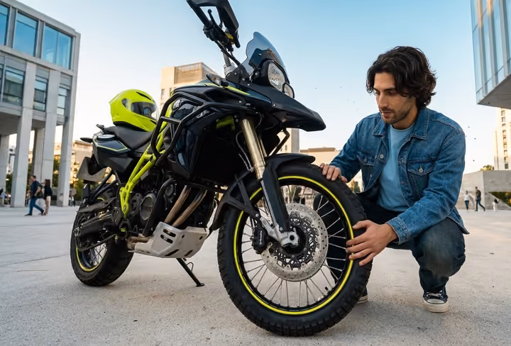 Mann misst den Reifendruck seines Motorrads