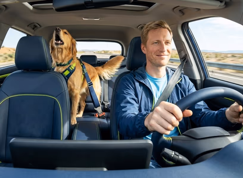 Mann und Hund im Auto
